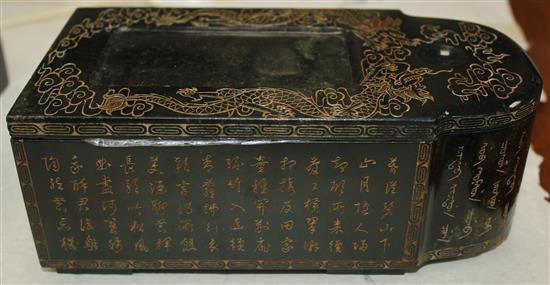 A Chinese green hardstone scholars writing box and accessories, 21cm contained in a hardwood box, 26cm